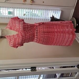 Liz Claiborne coral white print easy care easy wear jersey fabric cap sl…M EUC